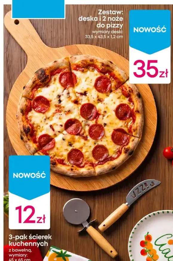 Zestaw: deska i 2 noże do pizzy wymiary deski: 33,5x43,5x1,2cm