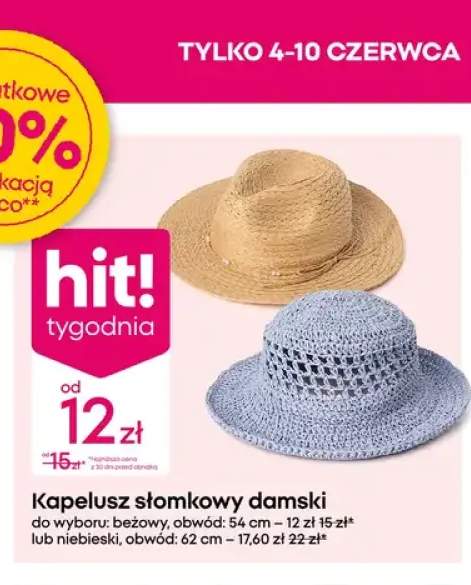 Kapelusz słomkowy damski beżowy obwód 54cm