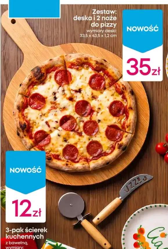 Zestaw: deska i 2 noże do pizzy wymiary deski: 33,5x43,5x1,2 cm